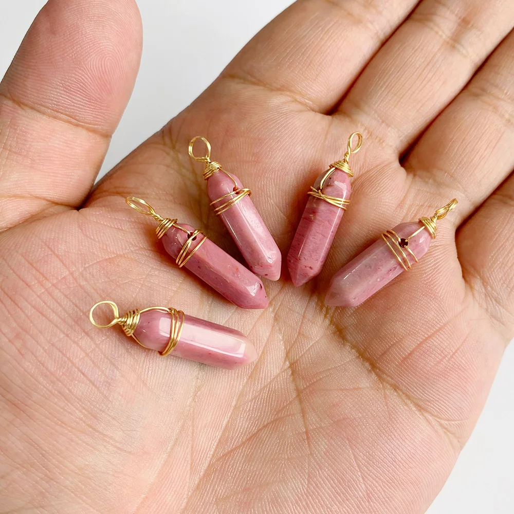 5pcs Wire Wrapped Hexagonal Pendant Natural Labradorite Quartzs Pointed Bullet Stone Pendulun Charms For Necklace Earrings DIY 6