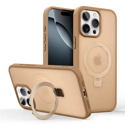 Elegant Matte Metal Ring Magnetic Phone Case with Kickstand Holder Cover - iPhone 15 Plus (Sand)