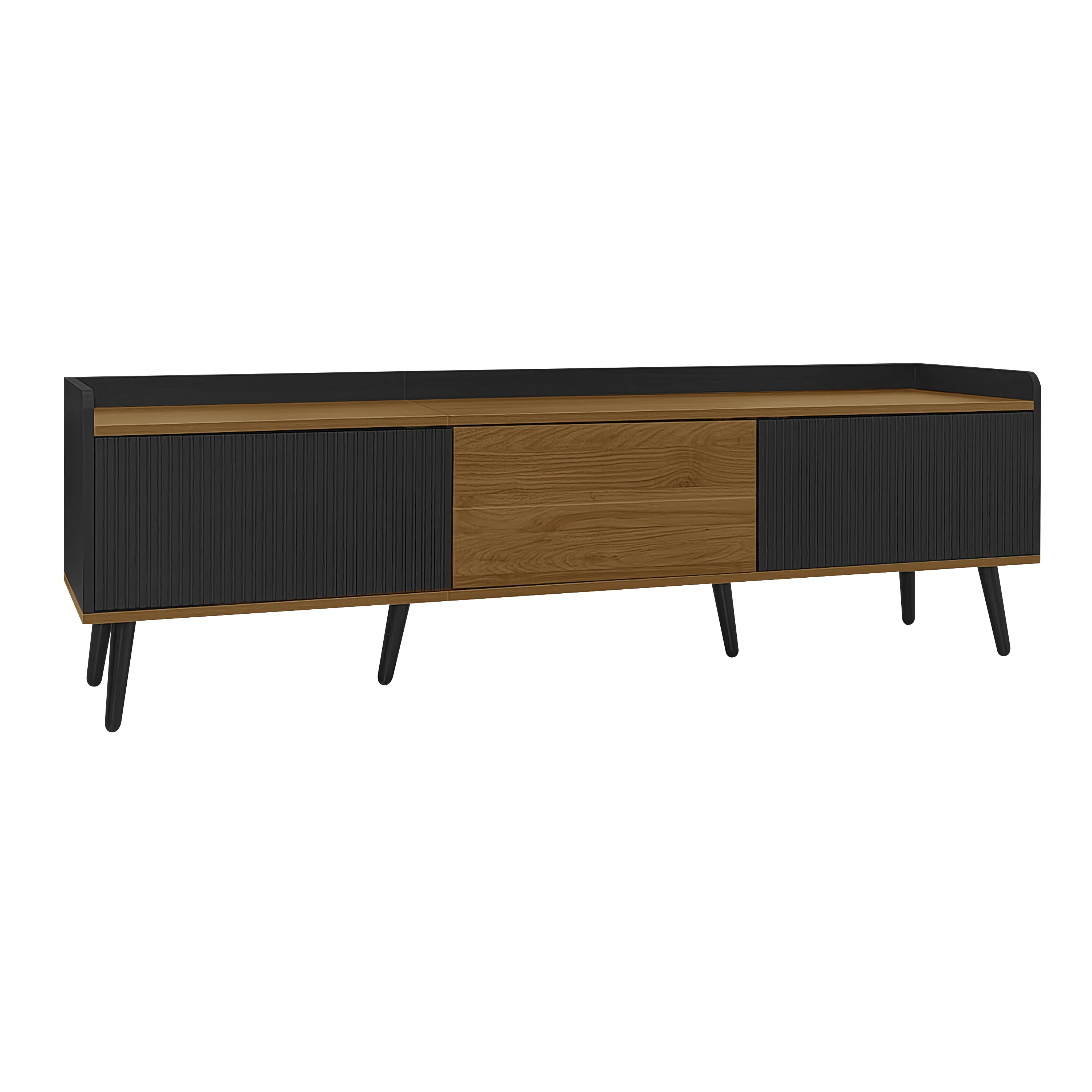 TV-Schrank, TV-Tisch, TV-Ständer, dreitürige Basiseinheit. Kompaktes Design. Schwarzes und natürliches Holz. – Detail 10