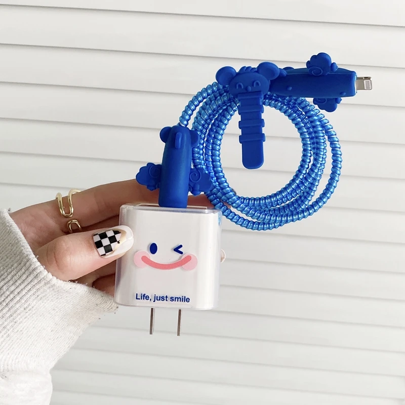 New Cartoon Smiley Dog TPU Case USB Cable Protector For iPhone 12 18/20 W Charging Plug Cover Protection Sprial Cable Protective