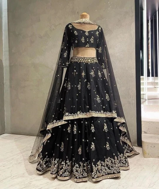 Lehenga كولي فساتين المسائية ارتداء بوليوود ساري الهندي المطرزة مخيط الدانتيل زين قطعتين فستان مع التفاف - AliExpress