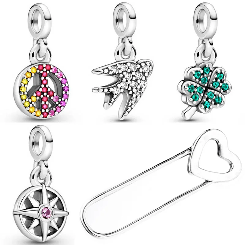 

My Peace Swallow Compass Clover Mini Pendant Me Safety Pin Brooch Charm Jewelry Fit 925 Sterling Silver Bead Popular Bracelet
