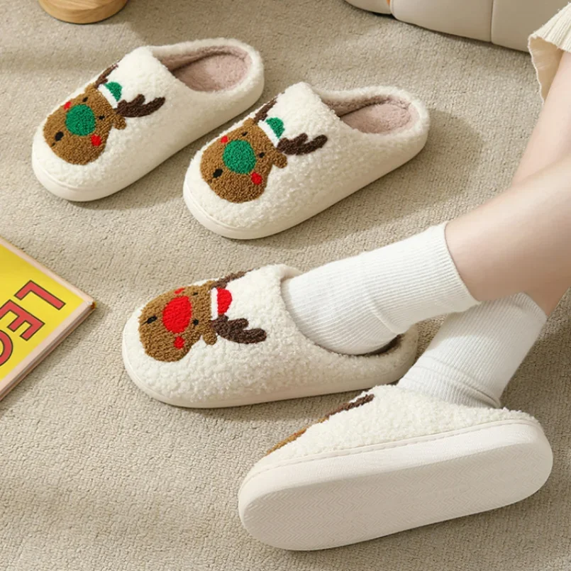 

Fuzzy Christmas Elk Slipper Women Winter Warm Kawaii Plush Indoor Floor Non Slip House Home Men Male Shoes Female 2024 New In