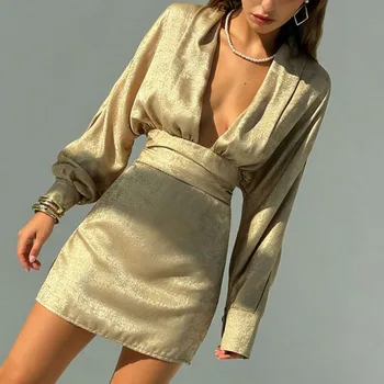 Office Lady Slim Pleated Short Dress Summer Deep-V Lantern Long Sleeve Wrap Hips Dress Temperament High Waist Solid A-line Dress 1