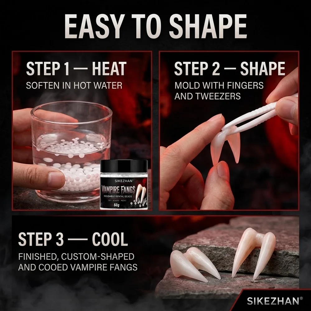 Spooky Vampire Fangs DIY Kit with Moldable Adhesive Beads for Cosplay and Costume Parties