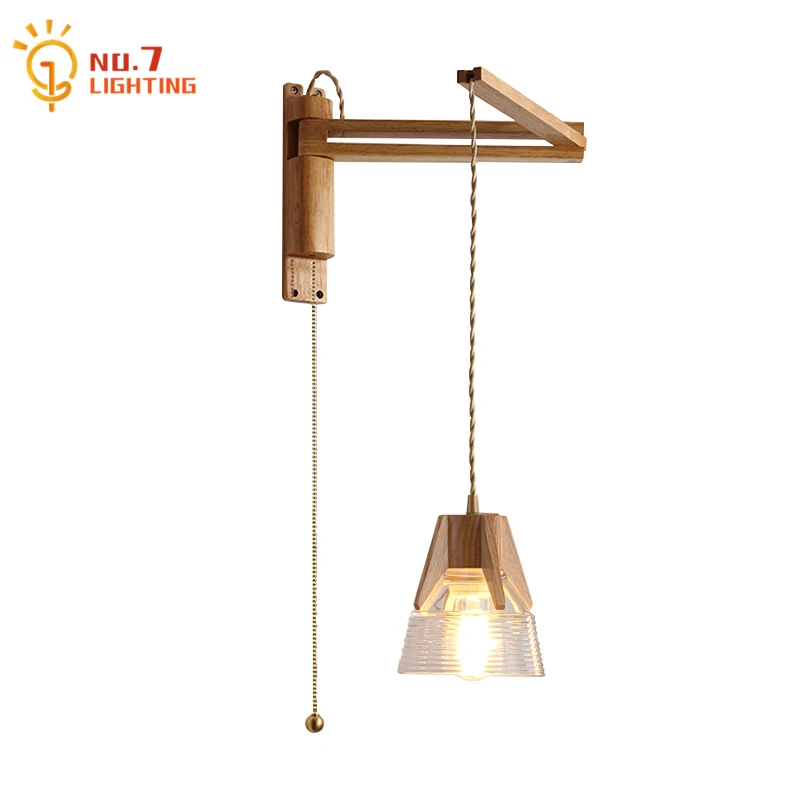 

Japanese Retro Bedside Wall Lamp Solid Wood Glass Telescopic Folding Wall Scocnes LED E27 Home Stay Restaurant Aisle Bedroom Bar