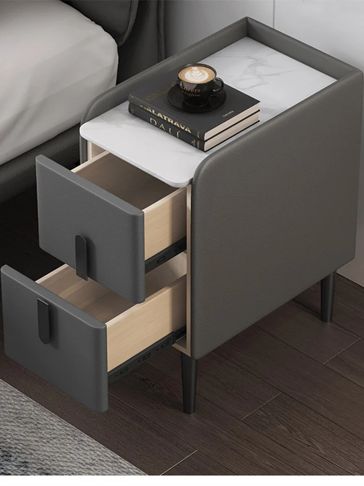 Nordic Style Leather Bedside Table Solid Wood Mini Bedroom Nightstand Living Rood Side Storage Cabinet Hotel End Table