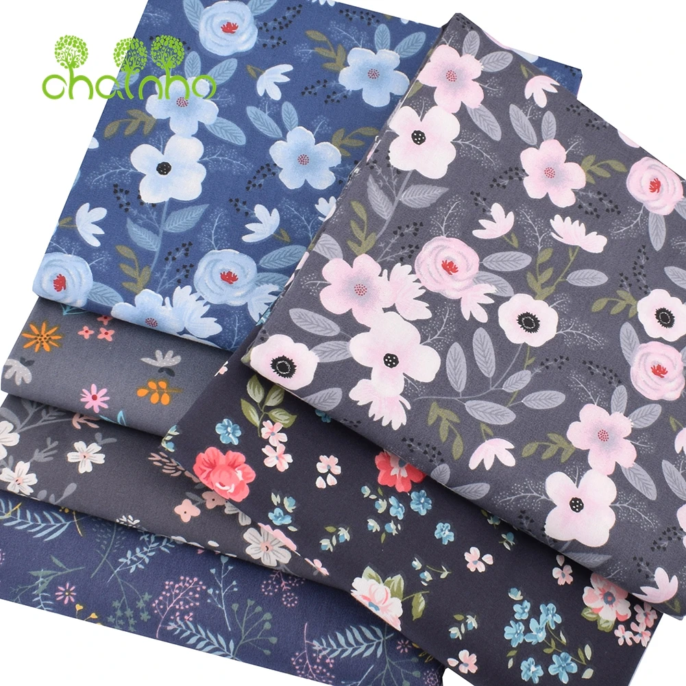 Chainho,Printed Twill Weave Cotton Fabric,DIY Sewing Quilting Material,Patchwork Cloth,Deep Floral Series,2 Specification,CC214