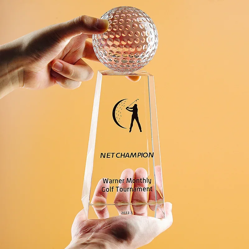 Customized Crystal Trophy for Sports Event, Enterprise Awards, Excellent Employee Team Trophies, Earth Golf Ball, Trapezoid, 1PC