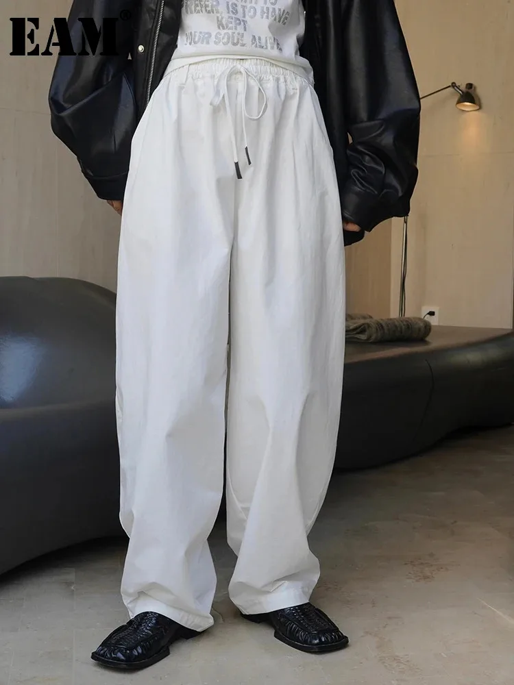 

[EAM] High Elastic Waist White Drawstring Long Wide Leg Pants New Loose Fit Trousers Women Fashion Spring Autumn 2024 1DH1019