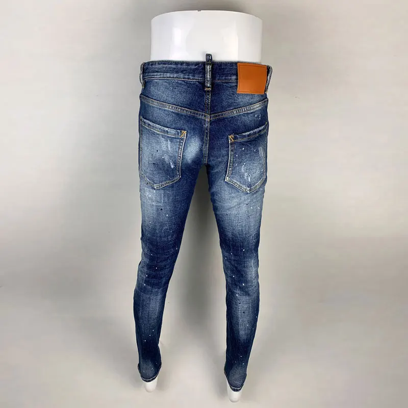 High Street Fashion Men Jeans Retro Blue Stretch Skinny Fit Painted Ripped Jeans Men Patched Designer Hip Hop Brand Pants Hombre