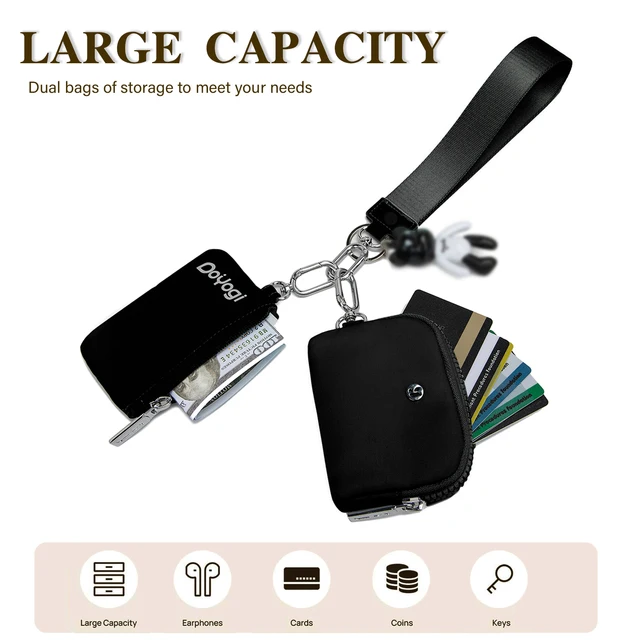 Portafoglio Portachiavi Da Polso - 2 Pezzi Nero, Poliestere, Per Monete, Carte E Piccoli Oggetti