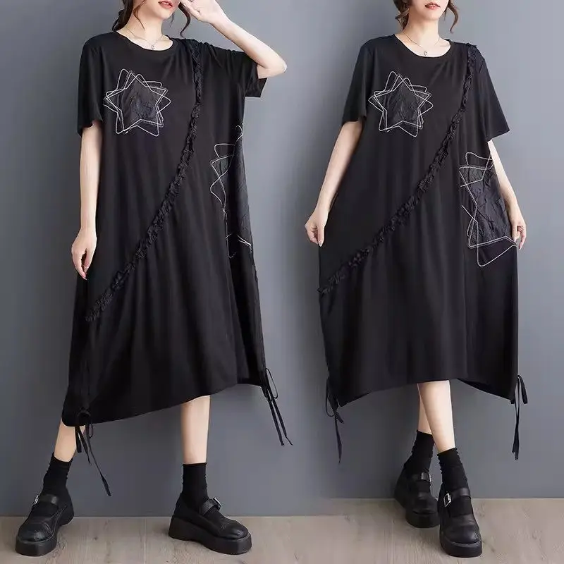 

2024 Summer New Loose And Casual Embroidered Lantern Dress Lazy Style Fashion Drawstring Hem Short Sleeve Large Size Dress K1429