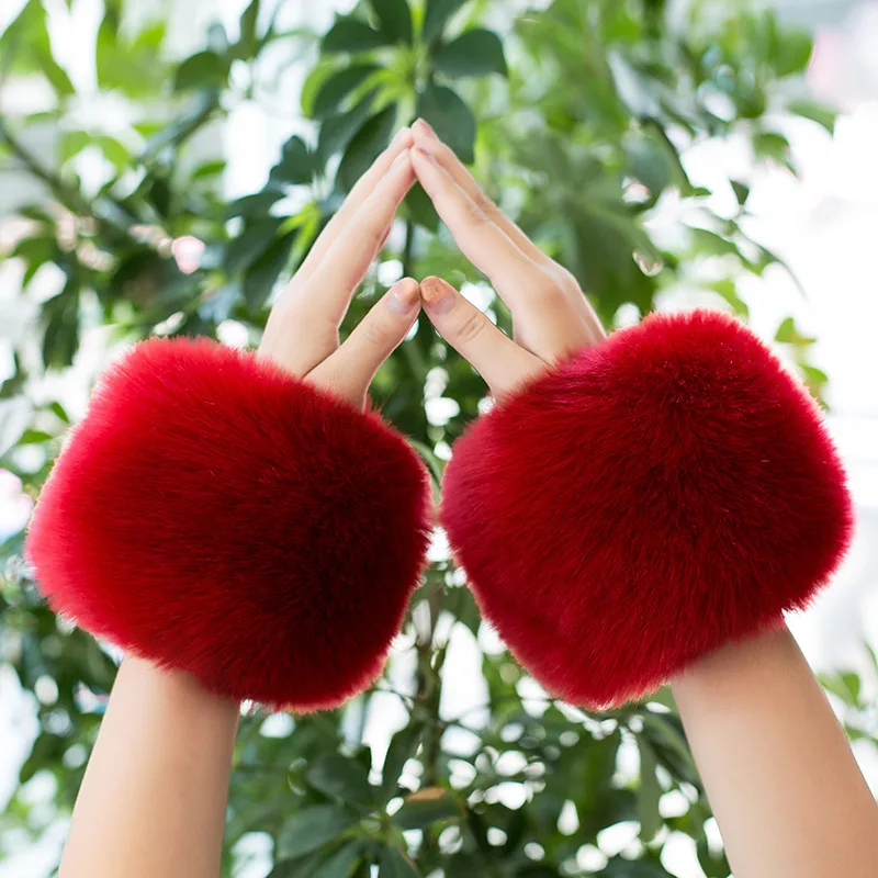 Women Knitted Faux Rabbit Fur Mittens Plush Glove Winter Warm Lady Fingerless Gloves Female Half Finger Touch Screen Work Gloves