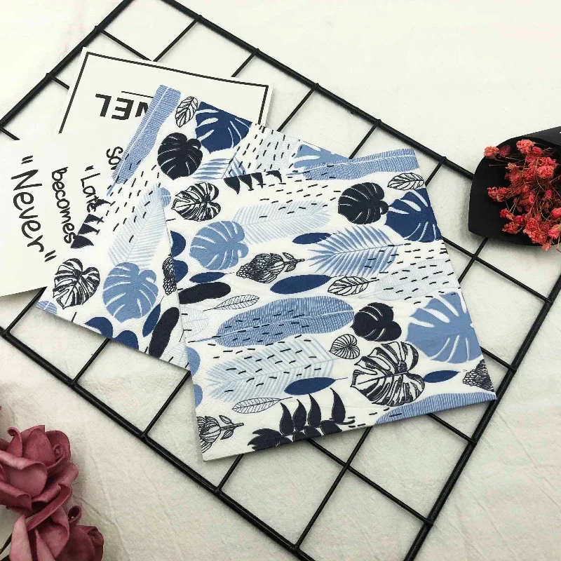 10/20pcs/Bag Colourful Printed Napkins Blue Leaves Creative Square Folding Facial Napkins Restaurant Party Baking Mouthcloths