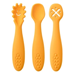 Silicone Baby Utensils Set - Soft Spoon and Fork for Toddler Feeding & Training (Yellow)