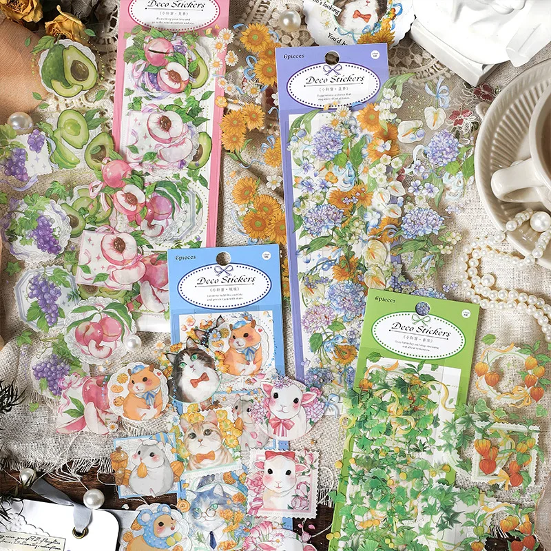 

6 Pcs Kawaii Plants Flowers Fruits PET Transparent Stickers For Decoration Planners Scrapbooking Laptops