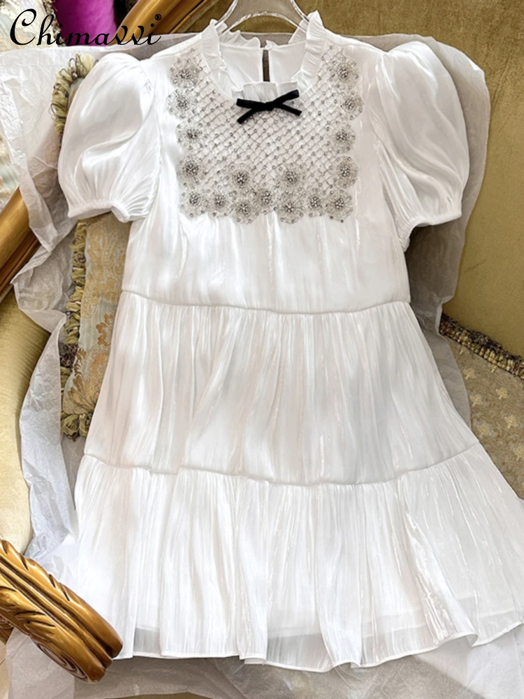 

Round-Neck Bowknot Embroidery Beaded White Girly Temperamental Dress 2023 Summer New Puff Short Sleeve A- Line Dress for Women