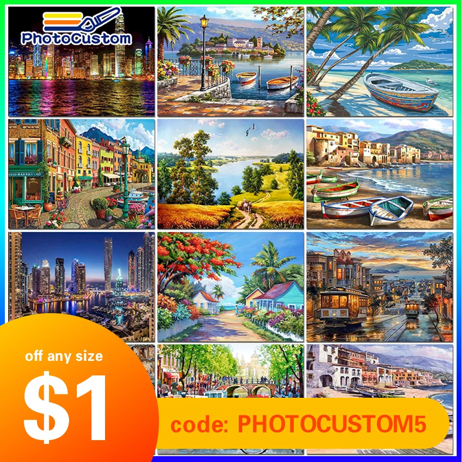 Photocustom Painting By Numbers Coloring Landscape Paint Canvas Picture Oil Painting By Number
