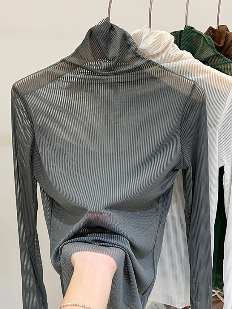 White Black T-shirts Women Sexy Mesh Turtleneck Long Sleeve