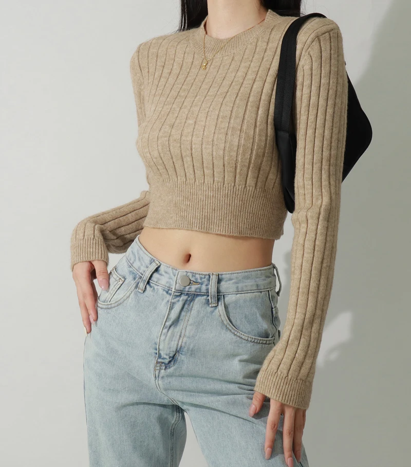 Women White Basic Style Crop Thick Knit Cropped Jumper