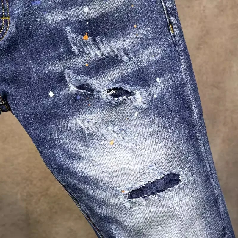 Streetwear Fashion Men Jeans Retro Blue Stretch Skinny Fit Painted Ripped Jeans Men Patched Designer Hip Hop Vintage Denim Pants