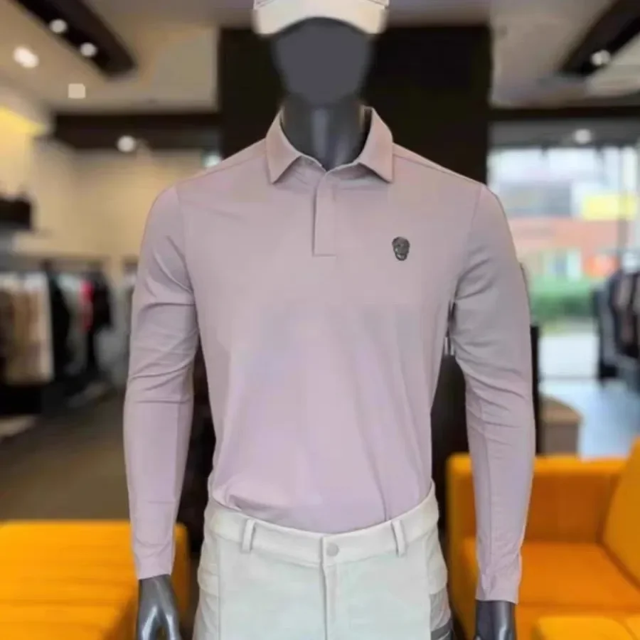 AMAZINGCRE New Men's Golf Clothing Versatile Simple Lapel Elastic Warm Velvet Long Sleeve Top