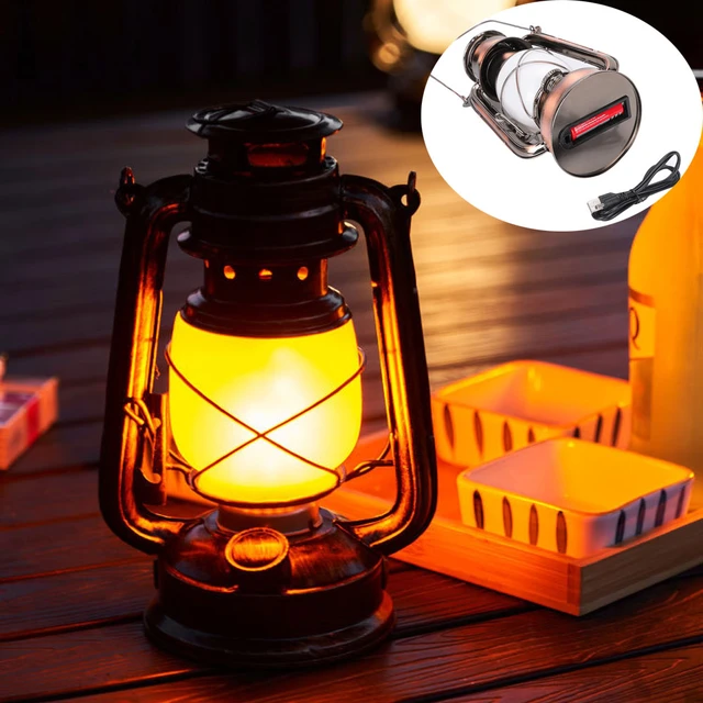 Vintage Camping Lantern LED Flame Light Battery Rechargeable USB Portable  Hanger Fishing Lamp Dimming For Outdoor