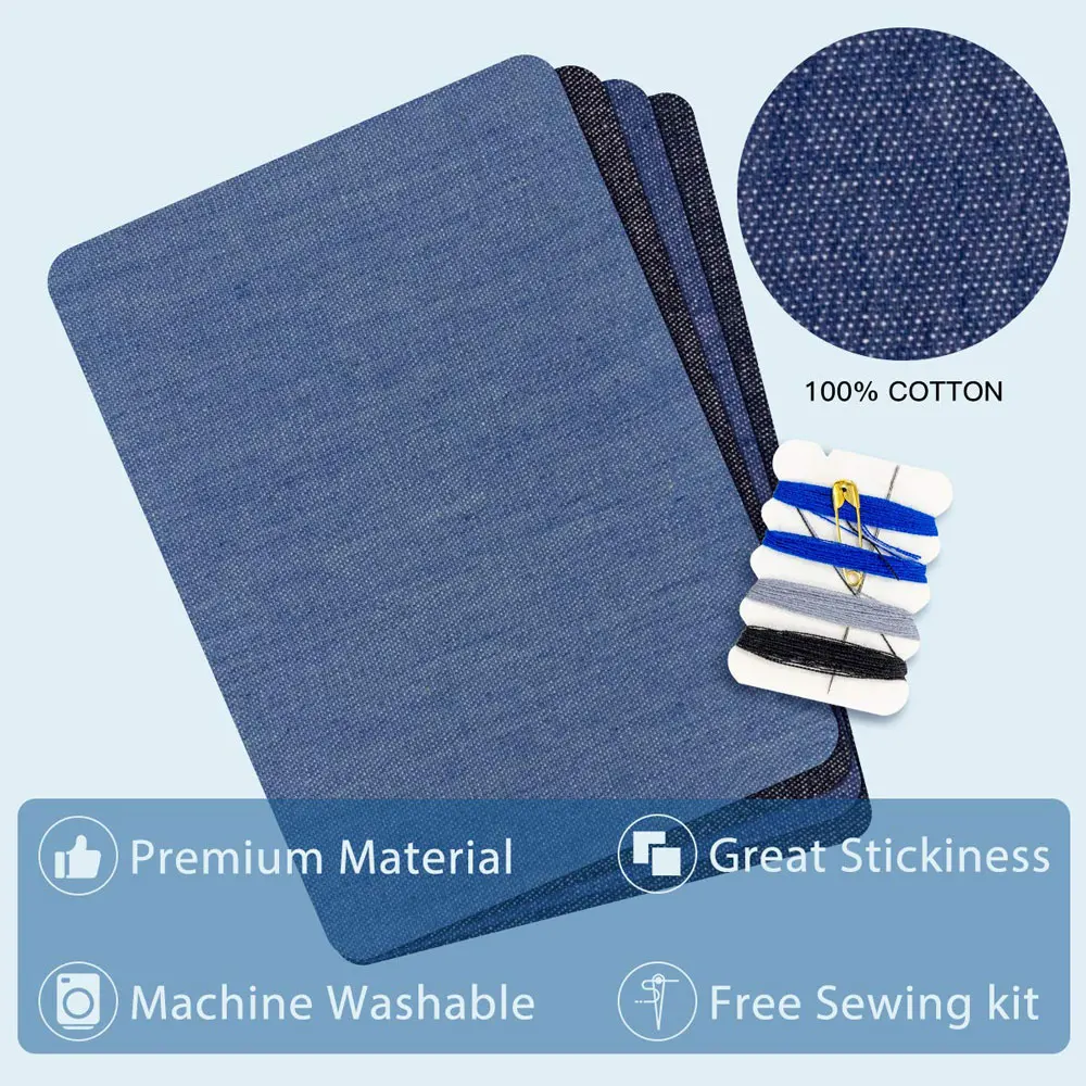 Denim Iron-On Patch Set: Self-Adhesive Blue Cotton Repair Patches
