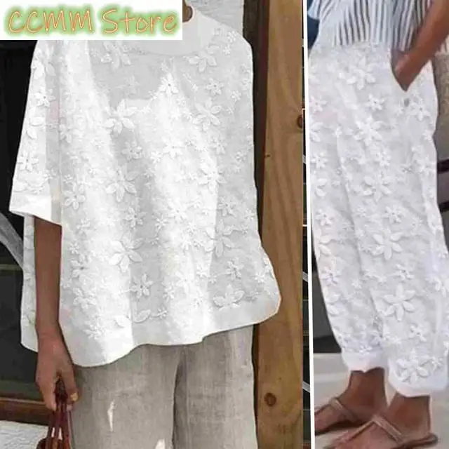 New Spring Summer Hollowed Out Cotton Linen Lace Suit Women Casual Pockets Solid Color Top Pants Lady Loose Two Pieces Suit