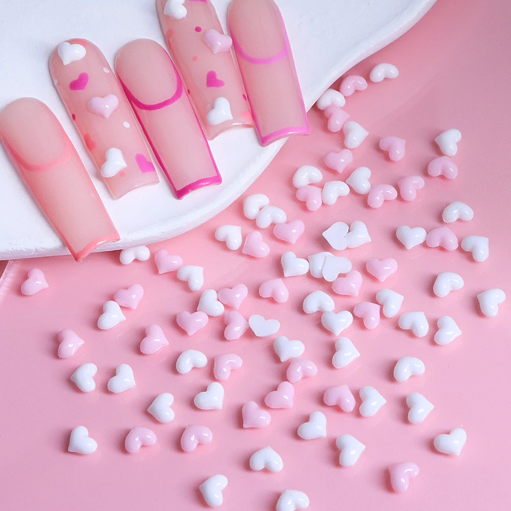 100pcs Kawaii Pink White Mini Love Heart Nail Charms 3D Heart Shape Resin Valentine's Decoration Nail Art Parts Supplies 5mm 2