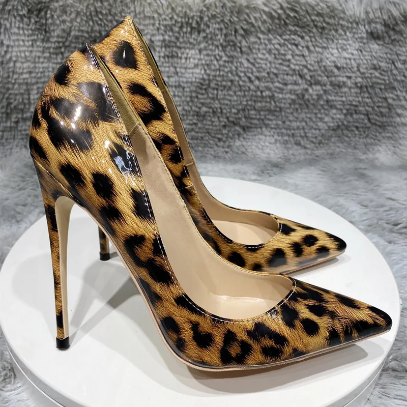 

Sexy Women Leopard Patent Pointy Toe High Heel Shoes for Party 8cm 10cm 12cm Celebrity Stiletto Pumps Plus Size 33-46