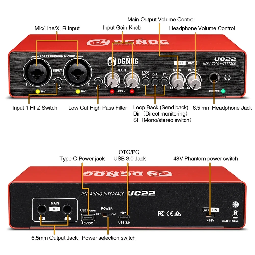 Interfaz de audio USB DGNOG UC22 Tarjeta de sonido profesional Grabación 24  bits / 192 kHz para computadora, guitarra, canto, estudio y podcasts