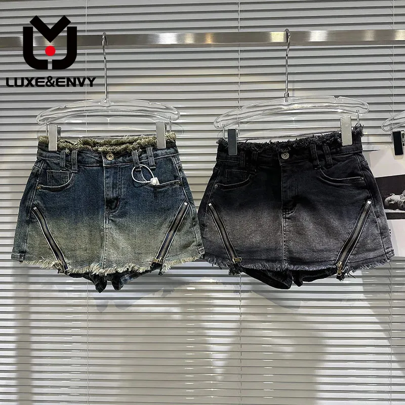 

LUXE&ENVY New American Retro Oblique Zipper Grab Fleece Waist Gradient Spicy Girl Denim Shorts Skirt 2023 Autumn