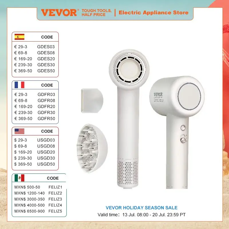 

VEVOR High-Speed Hair Dryer with Brushless Motor 200 Million Negative Ions Lightweight Hairdryer with Nozzle for Home Travel