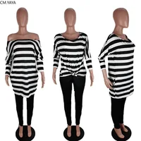 CM.YAYA Active Wear Women’s Set Batwing Sleeve Striped Tee Tops Leggings Pants Suit Tracksuit Two Piece Set Fitness Outfit