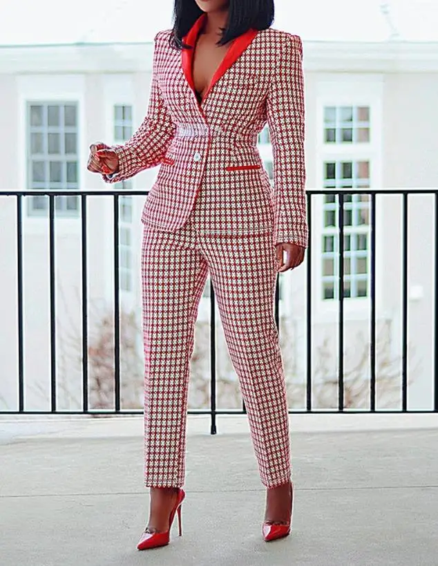 

Checker Printed Blazer Sets Shawl Collar Ribbed Button Jacket and Pants Set 2023 New Fashion Women's Contrast Paneled Plaid Suit