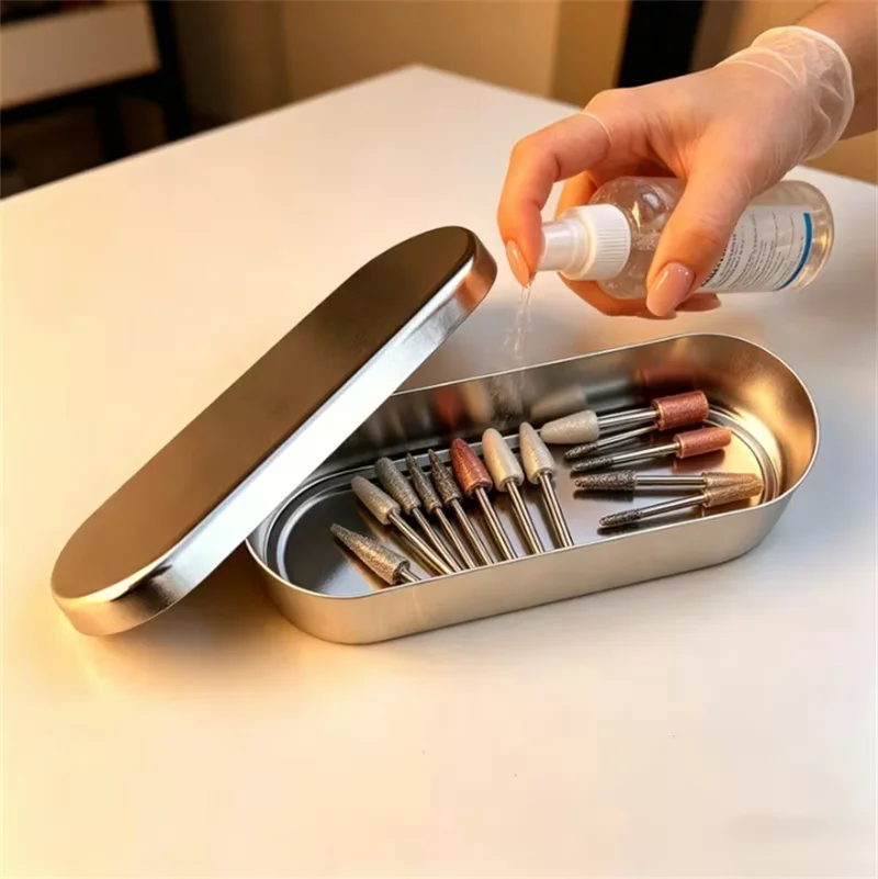 Stainless Aluminum Nail Drill Bit Soak Disinfect Container Mini Nail Art Grinding Head Storage Box Salon Manicure Tool Organizer