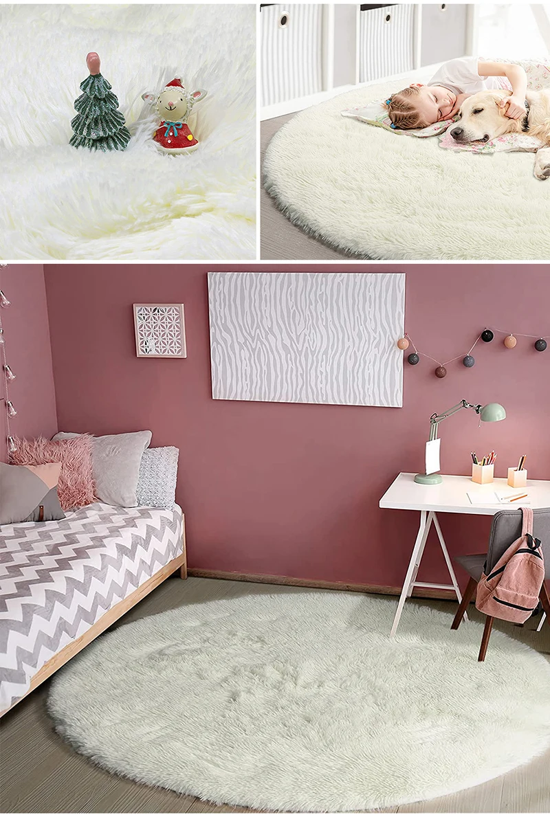 Fluffy Round Rugs For Girls Bedroom Soft Shaggy White Carpet In The Living Room Bedside Rugs Pink Home Decor Hairy Baby Play Mat