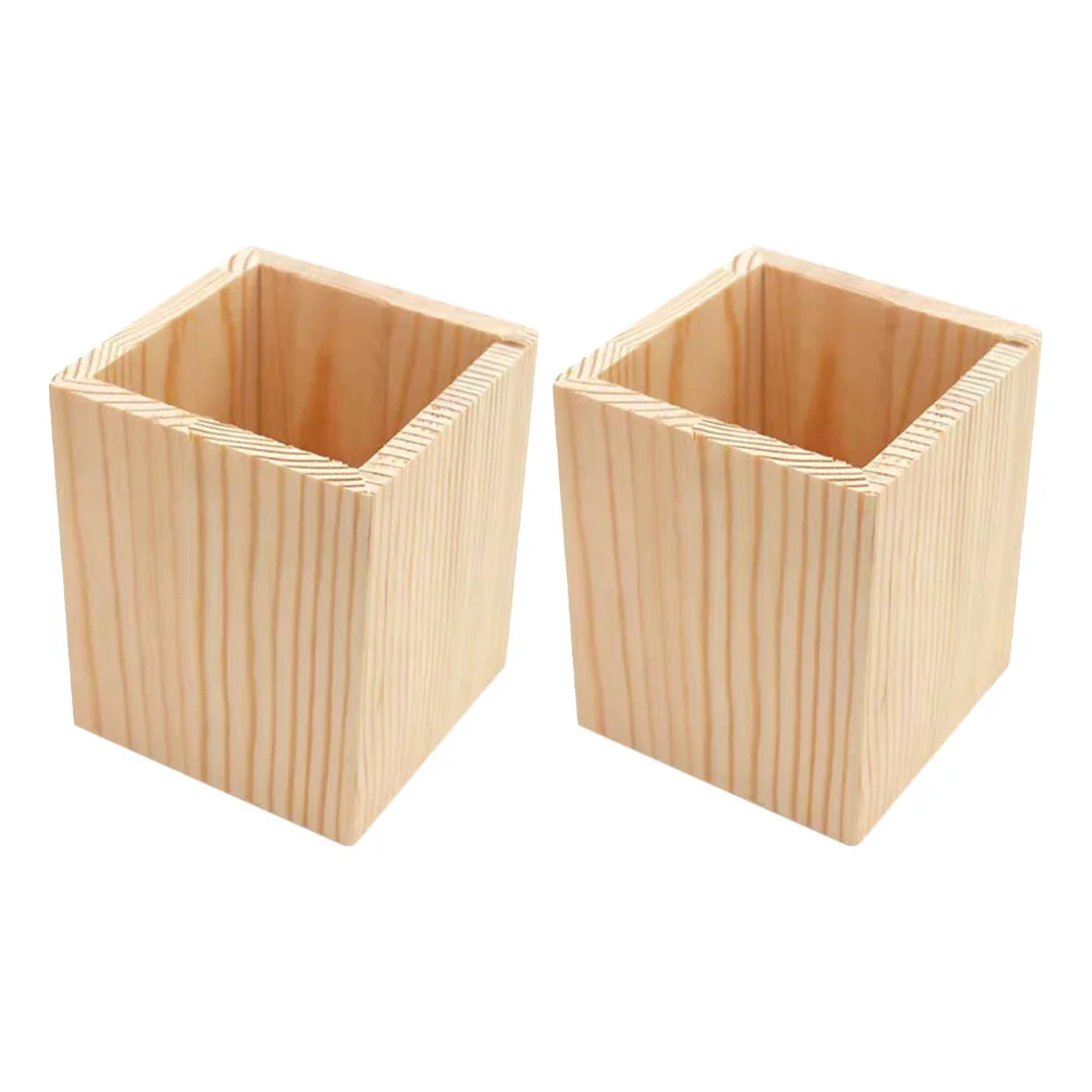 2pcs Wooden Pen Holders Geometric Succulent Pot Container Desktop Brush Holder