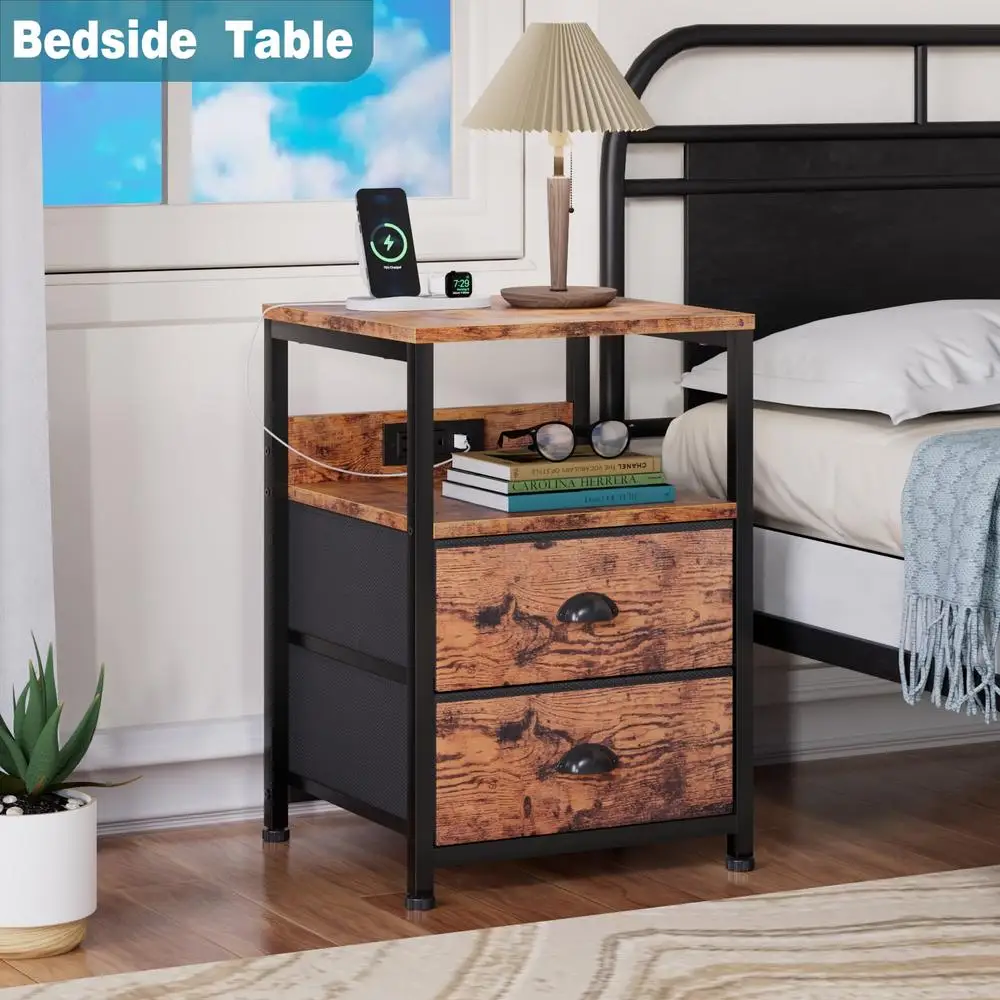 Nightstand Set of 2 with Charging Station USB Ports Fabric Drawers Modern End Table Living Room Bedroom Storage Solution 4