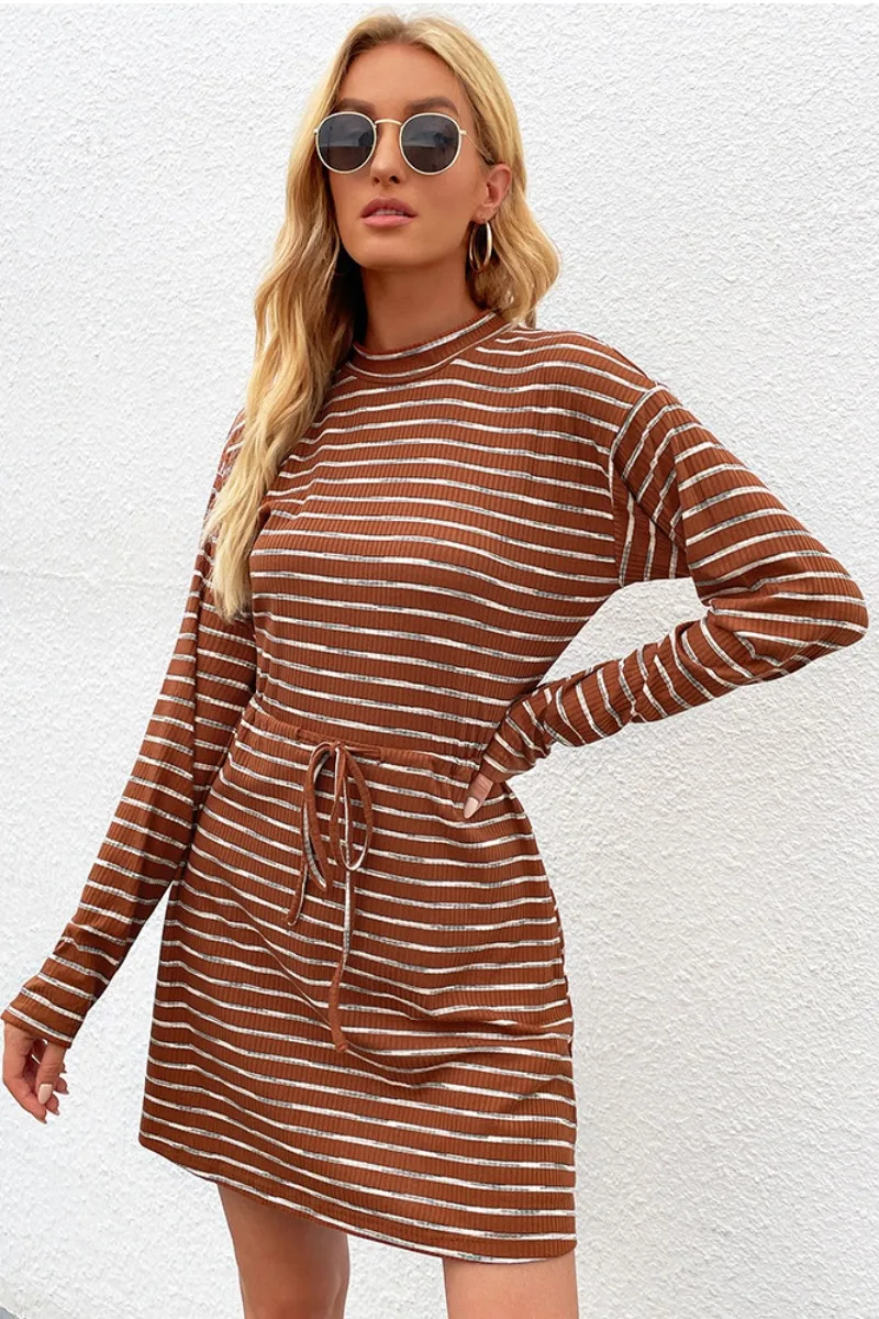 

Popvil Round Neck Striped Drawstring Dress