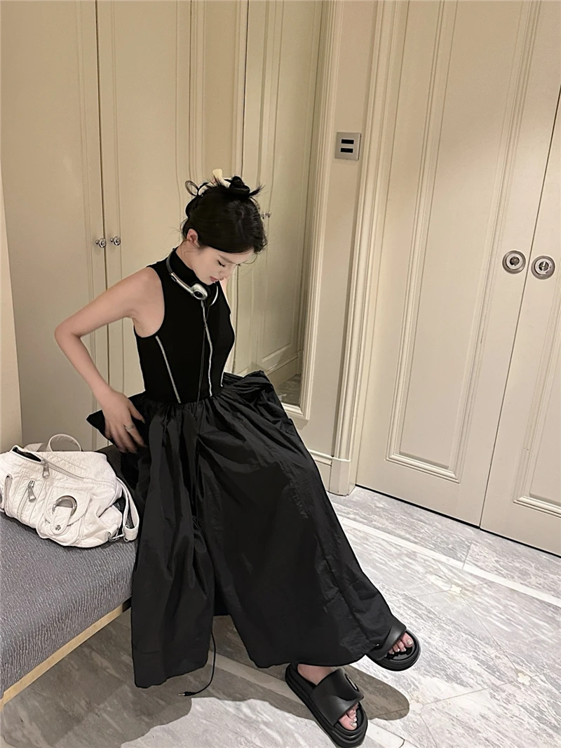 Casual Black Knitted Dresses for Women Sleeveless Vest Dress A-line Casual Korean Fashion Half High Collar Autumn New Vestido
