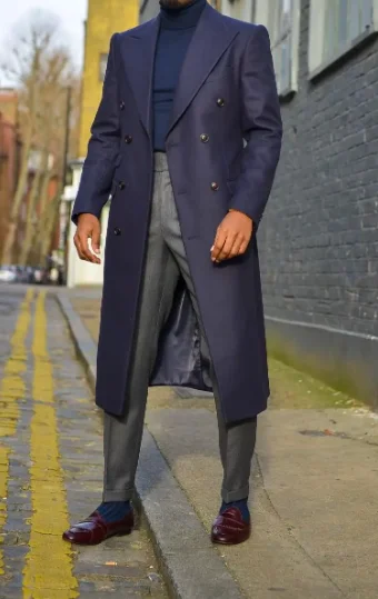 2023 New Style Winter Formal Party Men Suit Navy Blue Double Breasted Chic Long Jacket Outdoor Spring Coat 1 Pieces