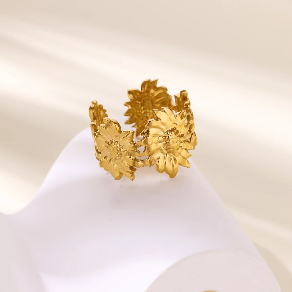 Fashion Sunflower Rings Gold Color Stainless Steel Adjustable