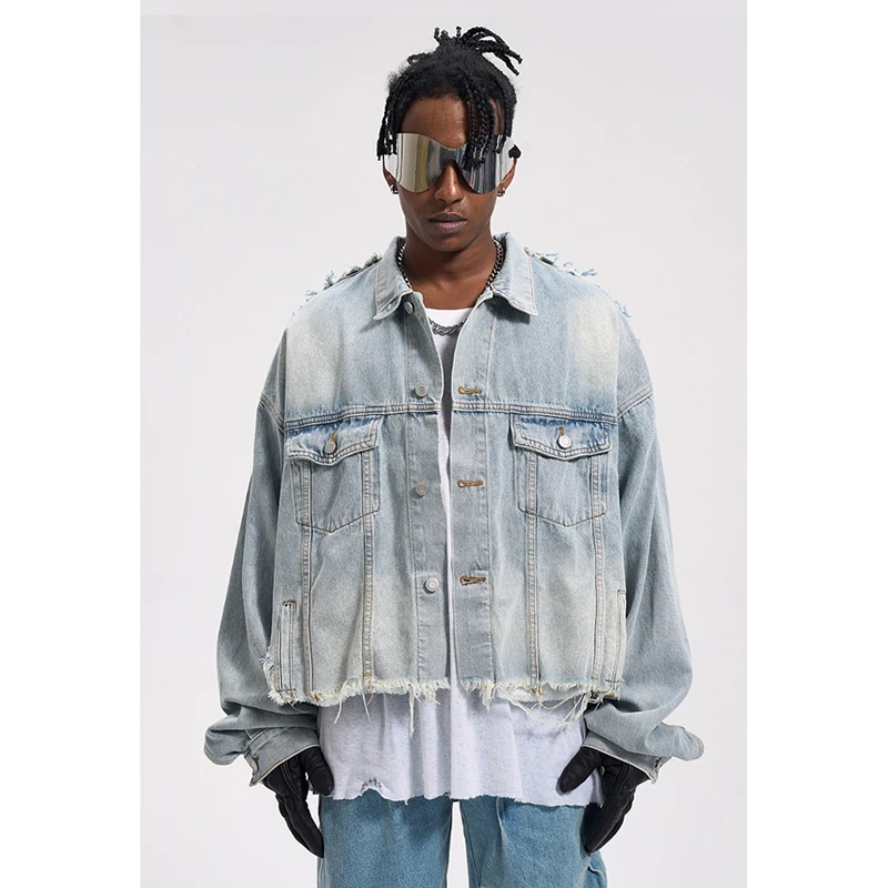 

2023ss High Street Tassels Flash Washed Distress Denim Jacket Windbreaker Streetwear Coat Men and Women Clothing Techwear Traf