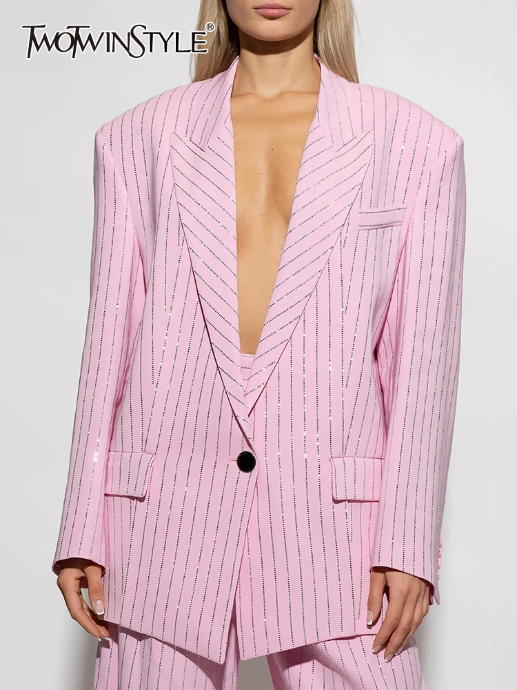 

TWOTWINSTYLE Striped Casual Loose Blazres For Women Notched Collar Long Sleeve Temperament Blazer Female Fashion Clothing New