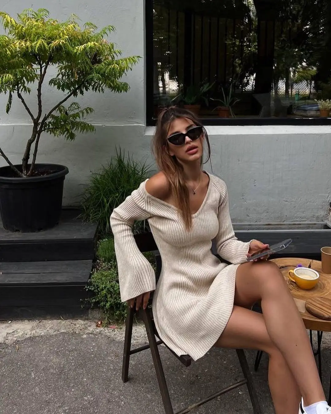 Knit Off-Shoulder V-Neck Mini Dress For Women Ribbed Loose Casual High Waist Long Sleeve Knitwear Dress Women's Mini Dress