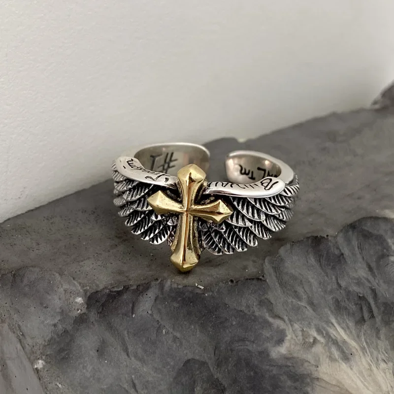 

Silver Color Vintage Wings Cross Graffiti Letter Opening Ring Aggressive Personality Men's Ring Jewelry