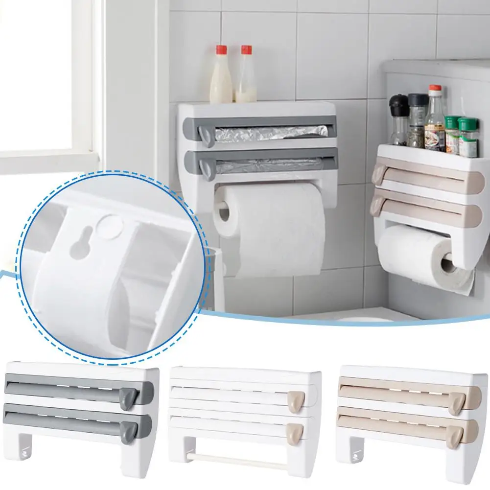 

Food Cling Film Dispenser 4 In 1 Wall-Mounted Plastic Accessories Foil Cutter Kitchen Wrap Dispenser Organizer Aluminium J0I9